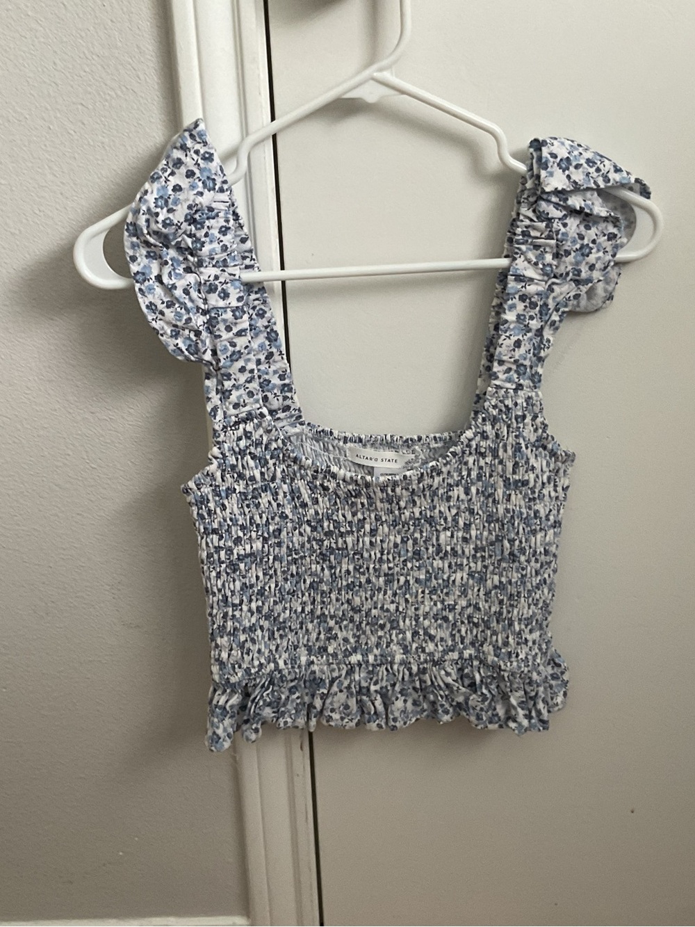 Altar'd State Blue Floral Ruffle Crop Top